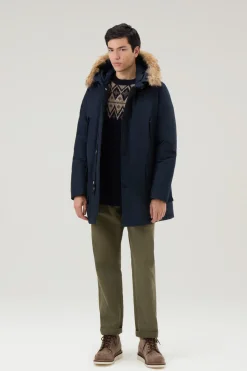 Parka>Woolrich Arctic Parka In Ramar Cloth Con Pelliccia Removibile Melton Blue