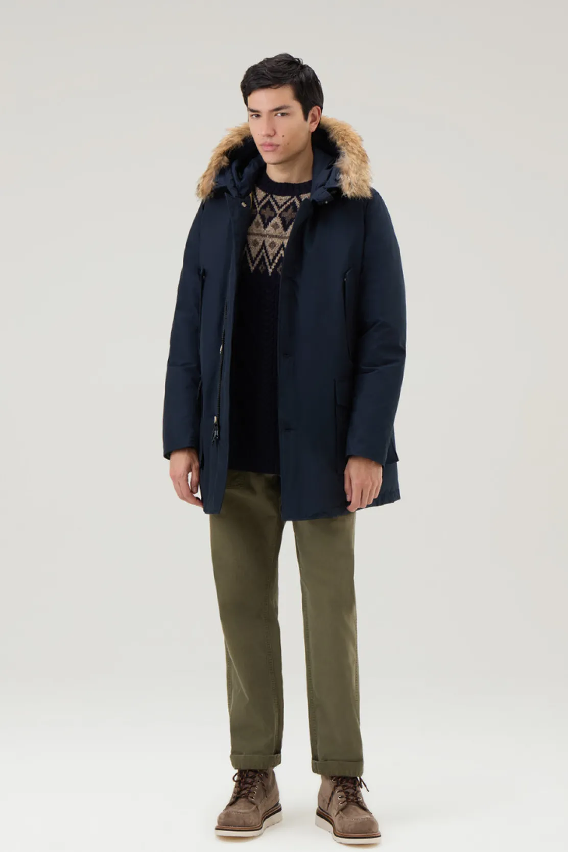 Parka>Woolrich Arctic Parka In Ramar Cloth Con Pelliccia Removibile Melton Blue