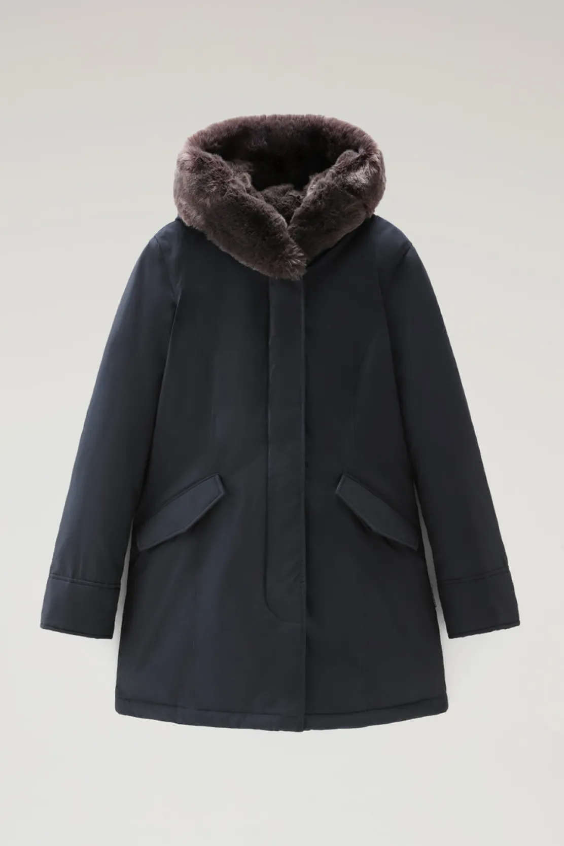 Parka>Woolrich Beaker Parka In Ramar Cloth Con Pelliccia Sintetica Dark Navy