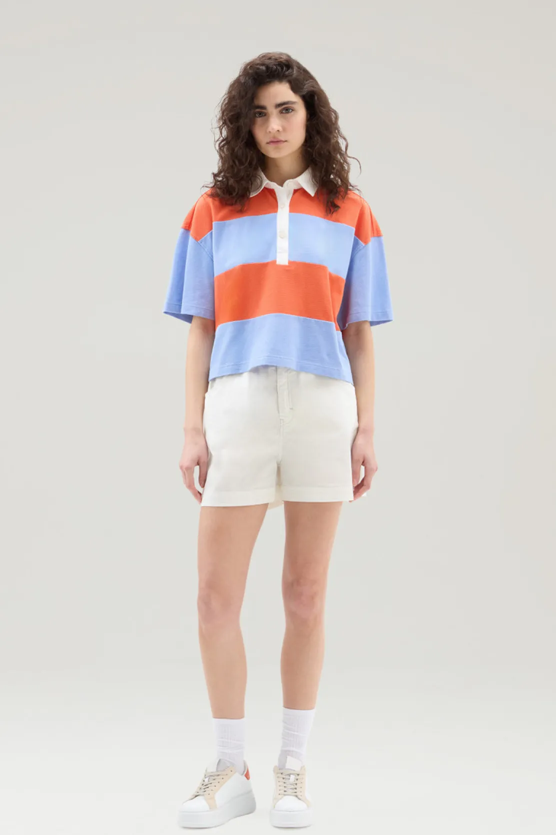 Pantaloni e pantaloncini>Woolrich Bermuda In Twill Di Cotone Elasticizzato A Vita Alta Plaster White