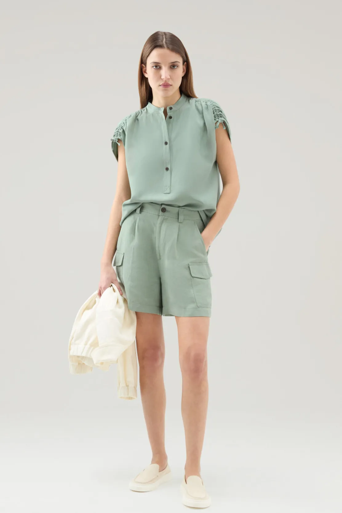 Camicie e giacche a camicia>Woolrich Blusa In Misto Lino Sage