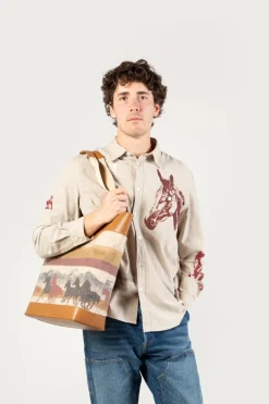 One Of These Days / Woolrich>Woolrich Borsa Tote In Puro Cotone Con Manici In Pelle - One Of These Days / Stripe Sand