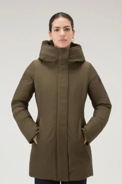 Parka>Woolrich Boulder Parka In Ramar Cloth Con Cappuccio E Collo Removibile In Pelliccia Sintetica Dark Green