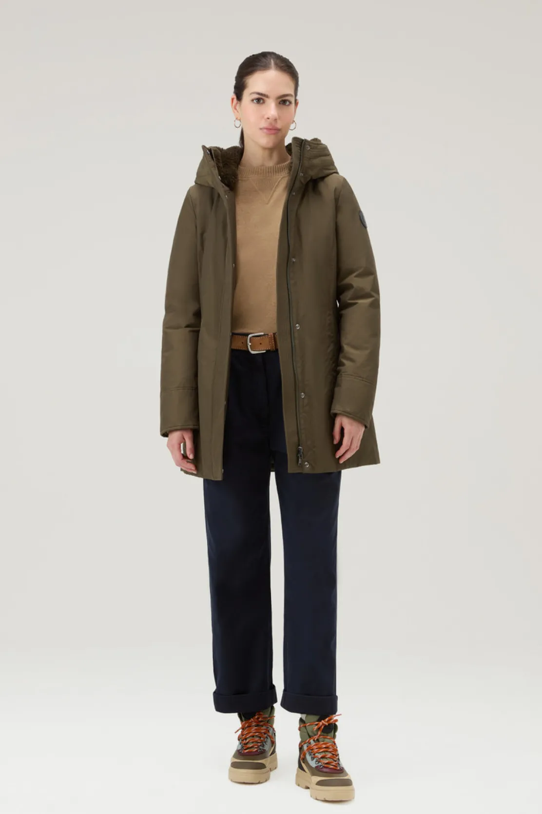Parka>Woolrich Boulder Parka In Ramar Cloth Con Cappuccio E Collo Removibile In Pelliccia Sintetica Dark Green