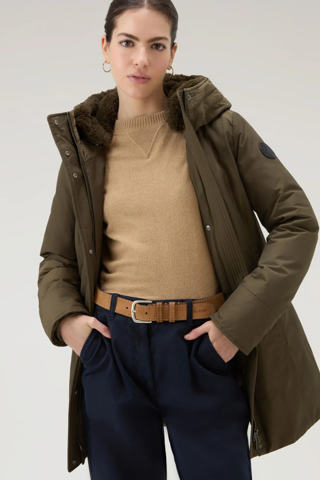 Parka>Woolrich Boulder Parka In Ramar Cloth Con Cappuccio E Collo Removibile In Pelliccia Sintetica Dark Green