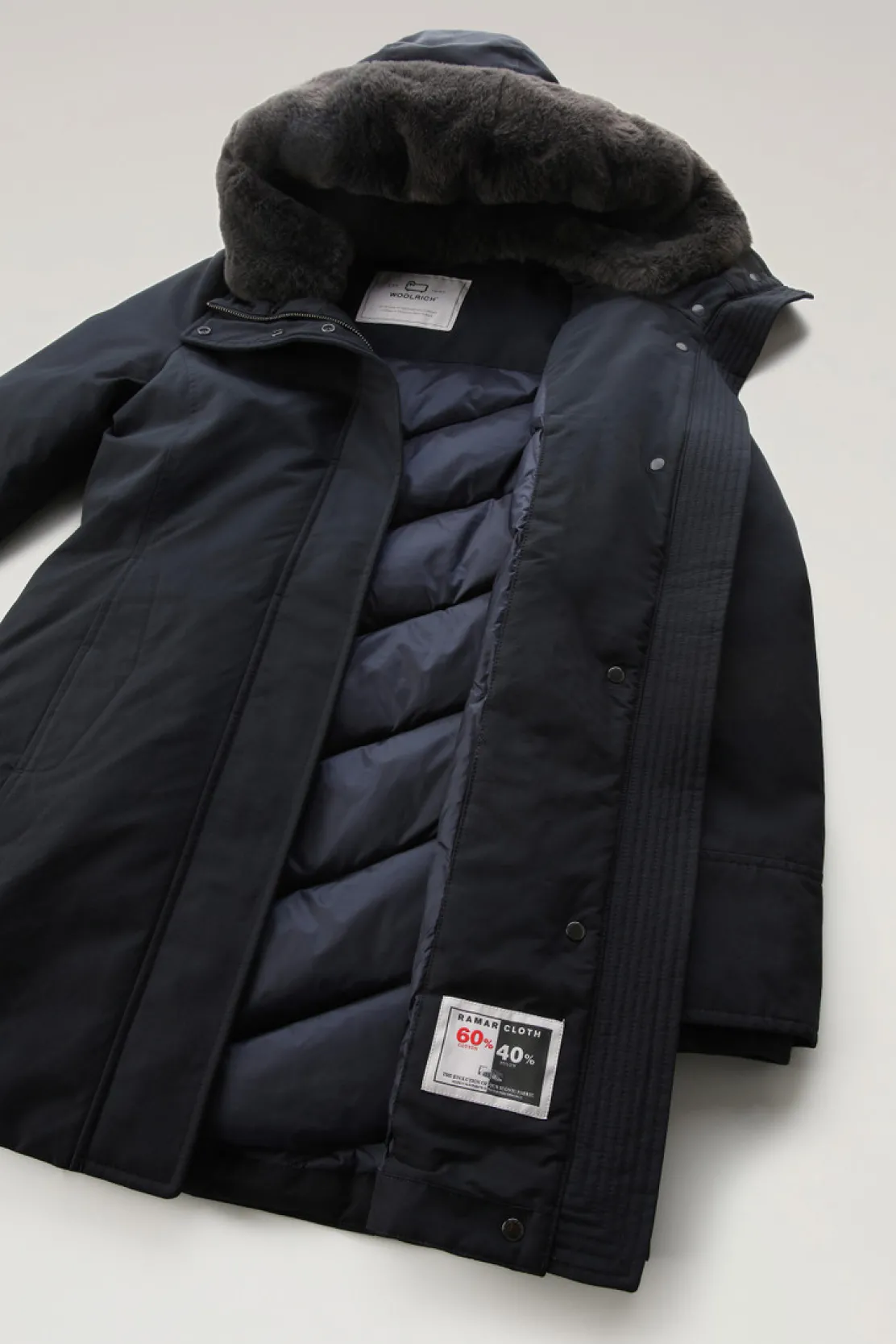 Parka>Woolrich Boulder Parka In Ramar Cloth Con Cappuccio E Collo Removibile In Pelliccia Sintetica Dark Navy