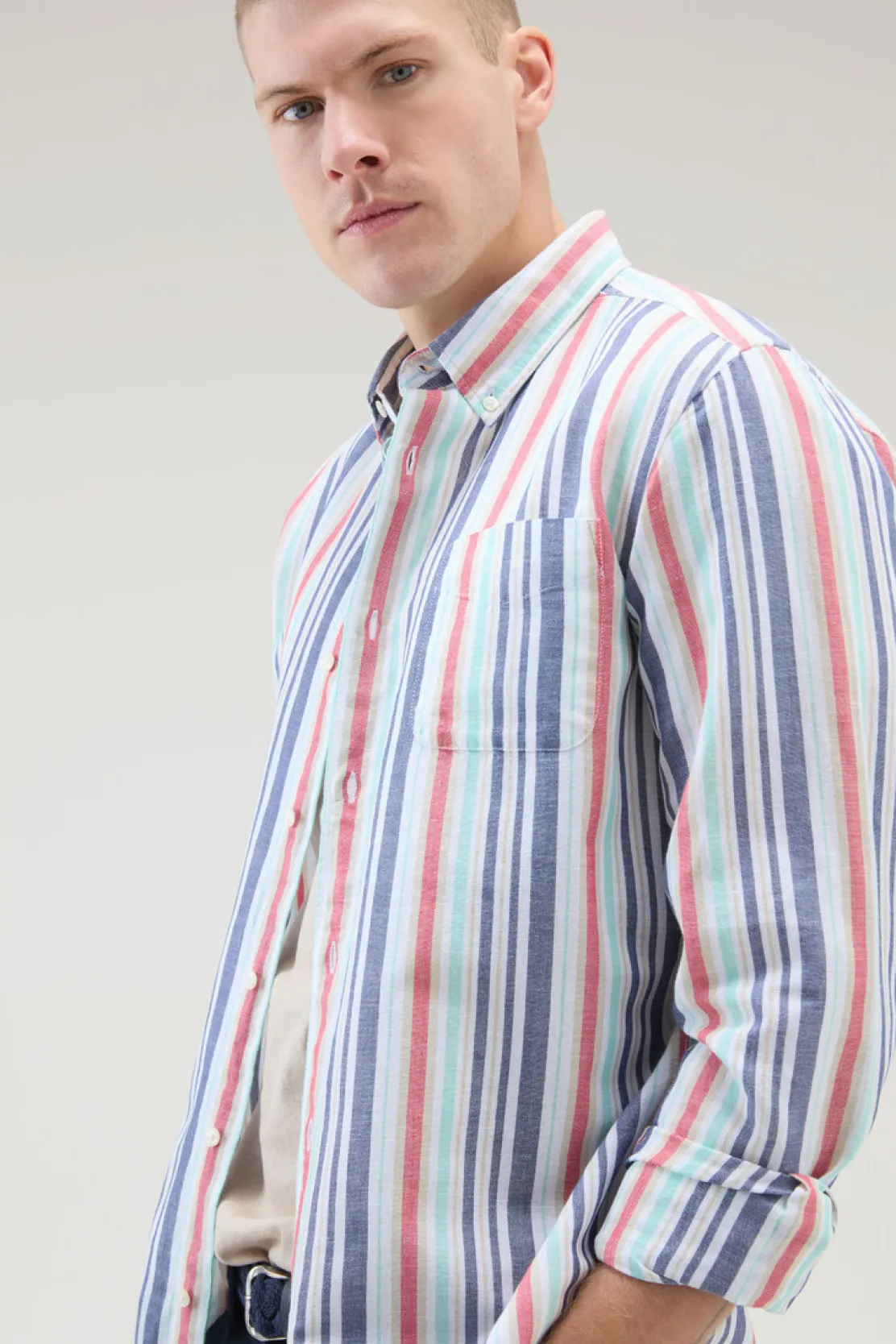 Camicie>Woolrich Camicia A Righe In Misto Cotone E Lino Red Stripe
