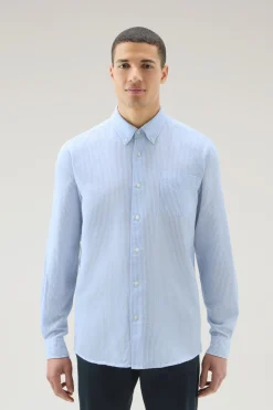 Camicie>Woolrich Camicia A Righe In Misto Cotone E Lino Alaskan Blue Stripe