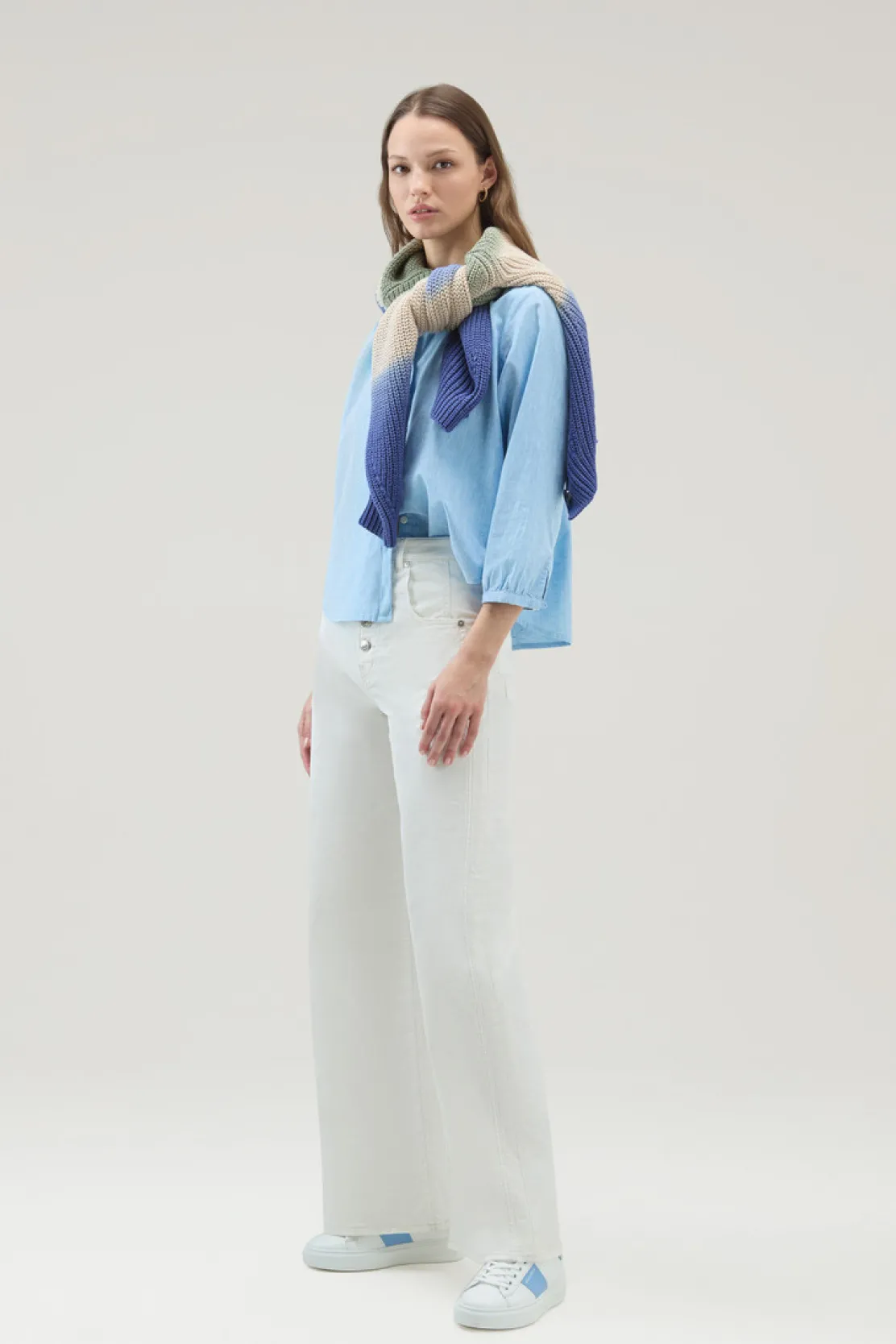 Camicie e giacche a camicia>Woolrich Camicia Alla Coreana In Misto Lino E Cotone Sea Breeze