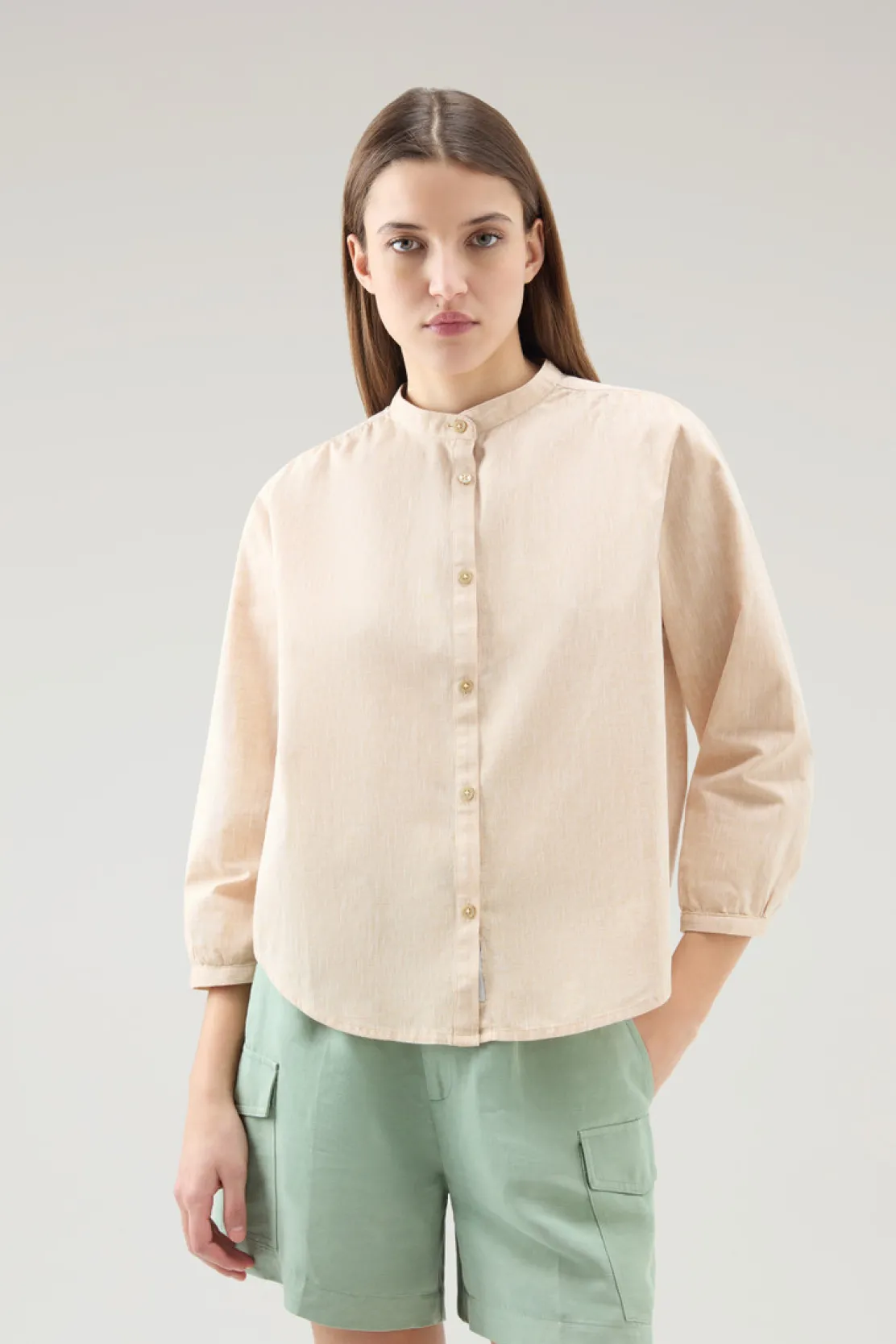 Camicie e giacche a camicia>Woolrich Camicia Alla Coreana In Misto Lino E Cotone Light Oak
