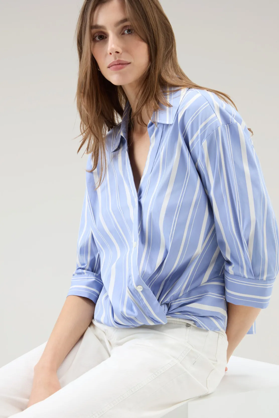 Camicie e giacche a camicia>Woolrich Camicia In Popeline Di Misto Cotone A Righe Sea Breeze Stripe