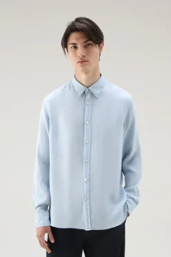 Camicie>Woolrich Camicia In Puro Lino Tinta In Capo Pale Indigo