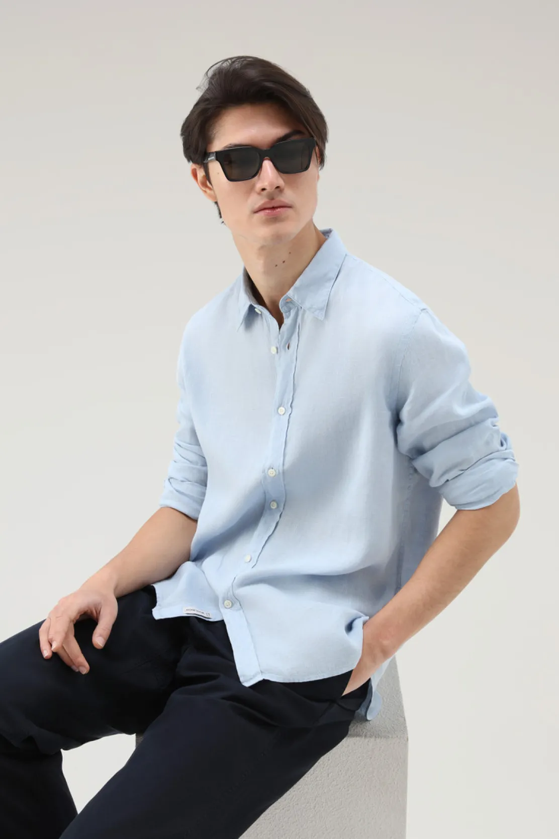 Camicie>Woolrich Camicia In Puro Lino Tinta In Capo Pale Indigo