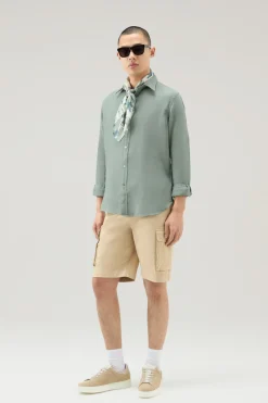 Camicie>Woolrich Camicia In Puro Lino Tinta In Capo Sage