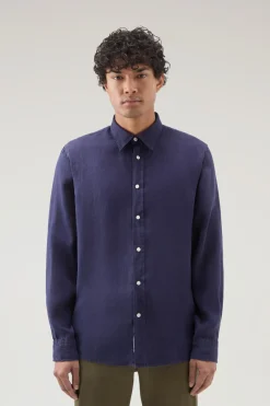 Camicie>Woolrich Camicia In Puro Lino Tinta In Capo Maritime Blue