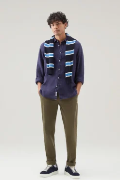 Camicie>Woolrich Camicia In Puro Lino Tinta In Capo Maritime Blue