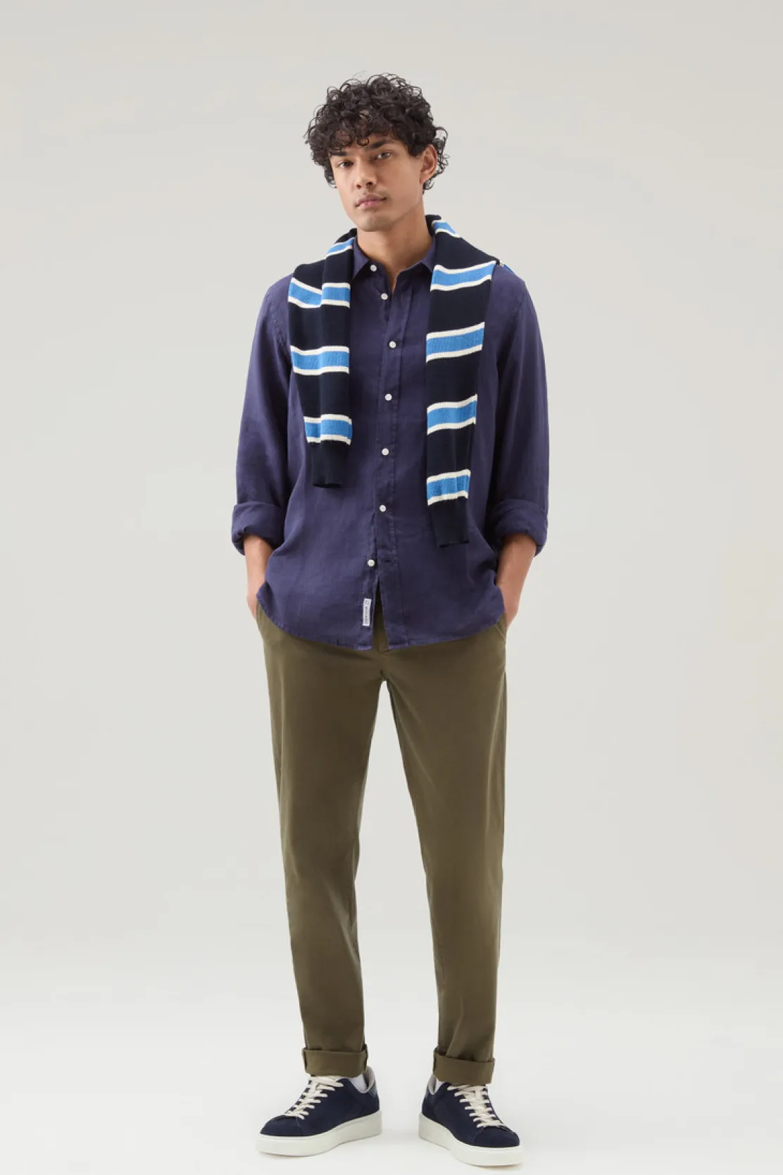 Camicie>Woolrich Camicia In Puro Lino Tinta In Capo Maritime Blue