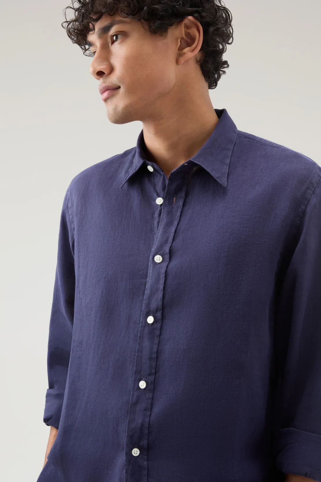 Camicie>Woolrich Camicia In Puro Lino Tinta In Capo Maritime Blue
