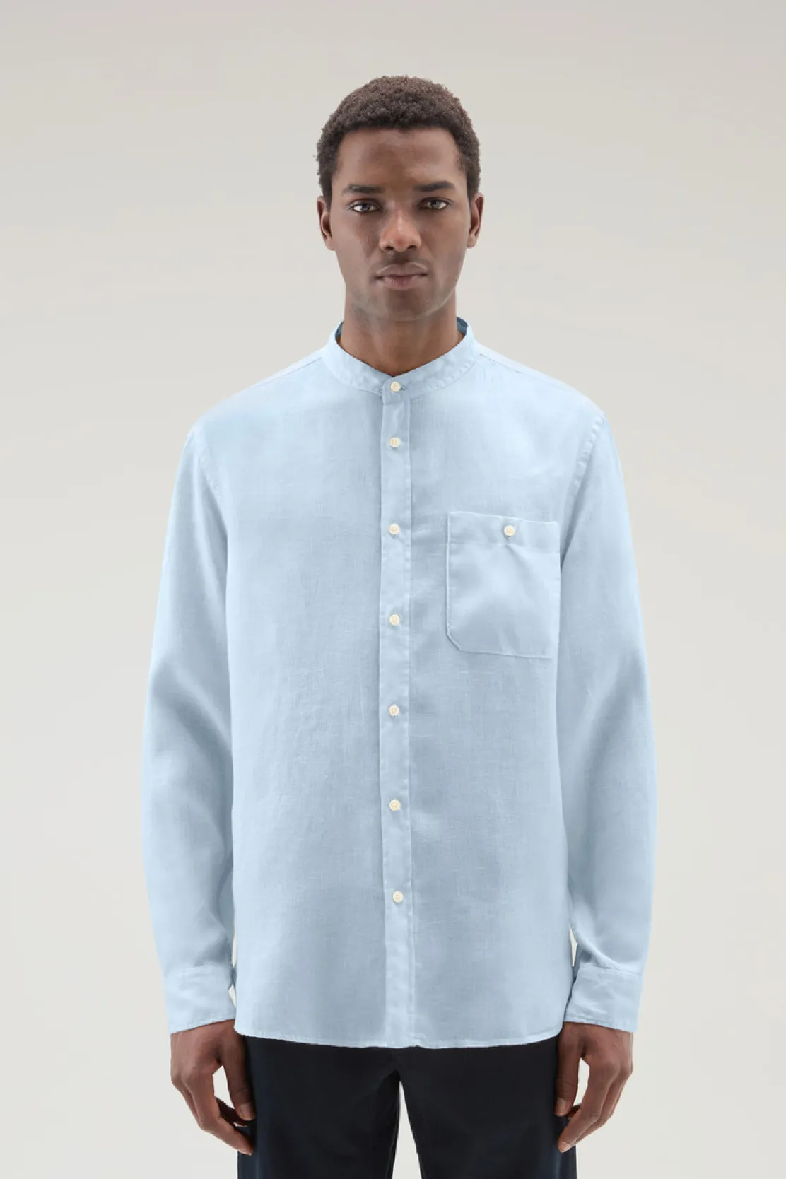Camicie>Woolrich Camicia In Puro Lino Tinta In Capo Con Colletto Alla Coreana Pale Indigo