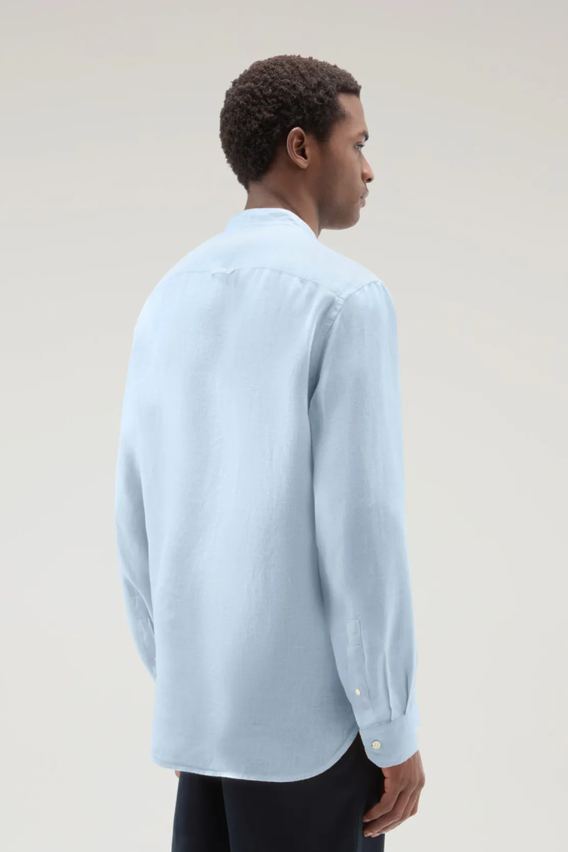 Camicie>Woolrich Camicia In Puro Lino Tinta In Capo Con Colletto Alla Coreana Pale Indigo