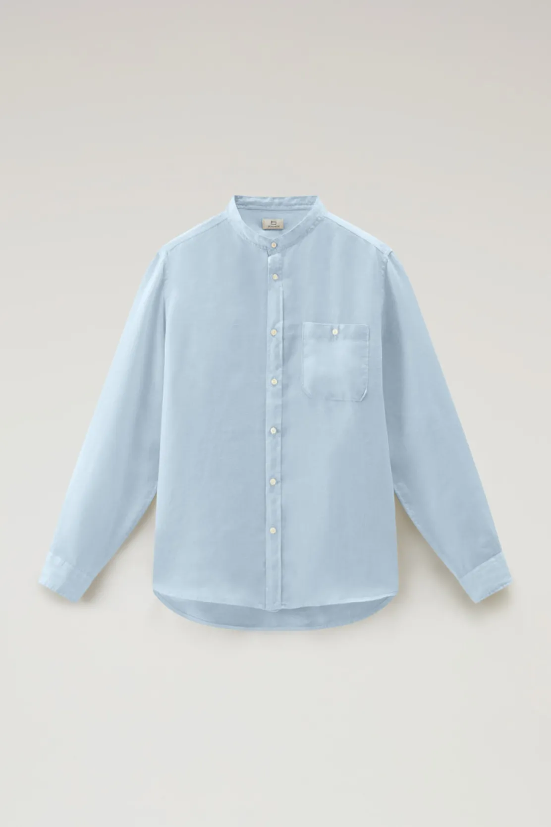 Camicie>Woolrich Camicia In Puro Lino Tinta In Capo Con Colletto Alla Coreana Pale Indigo