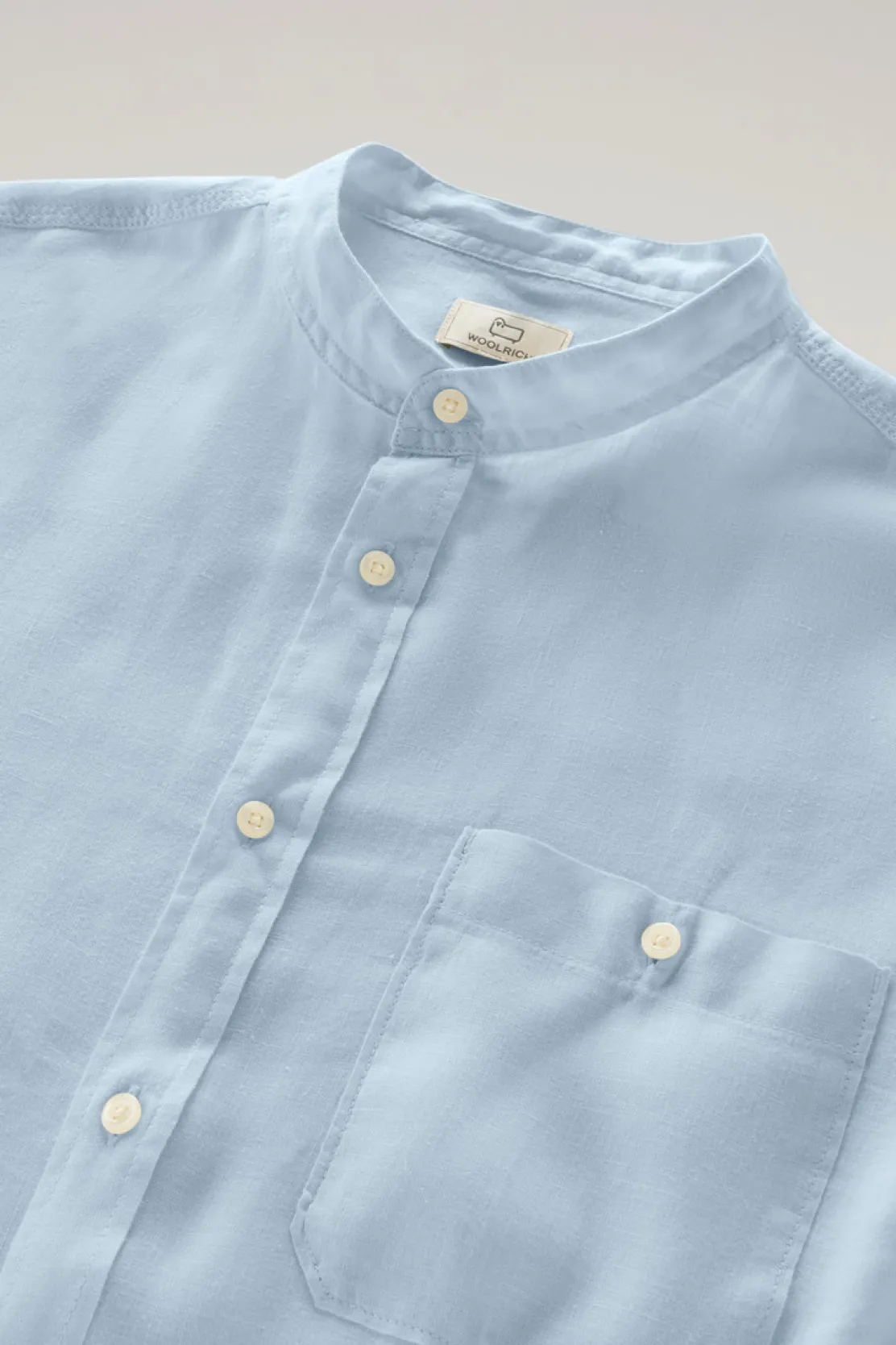 Camicie>Woolrich Camicia In Puro Lino Tinta In Capo Con Colletto Alla Coreana Pale Indigo