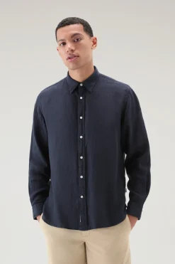 Camicie>Woolrich Camicia In Puro Lino Tinta In Capo Melton Blue