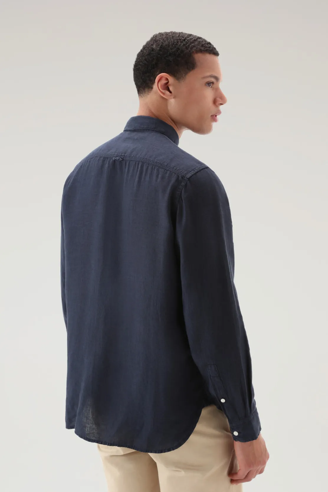 Camicie>Woolrich Camicia In Puro Lino Tinta In Capo Melton Blue