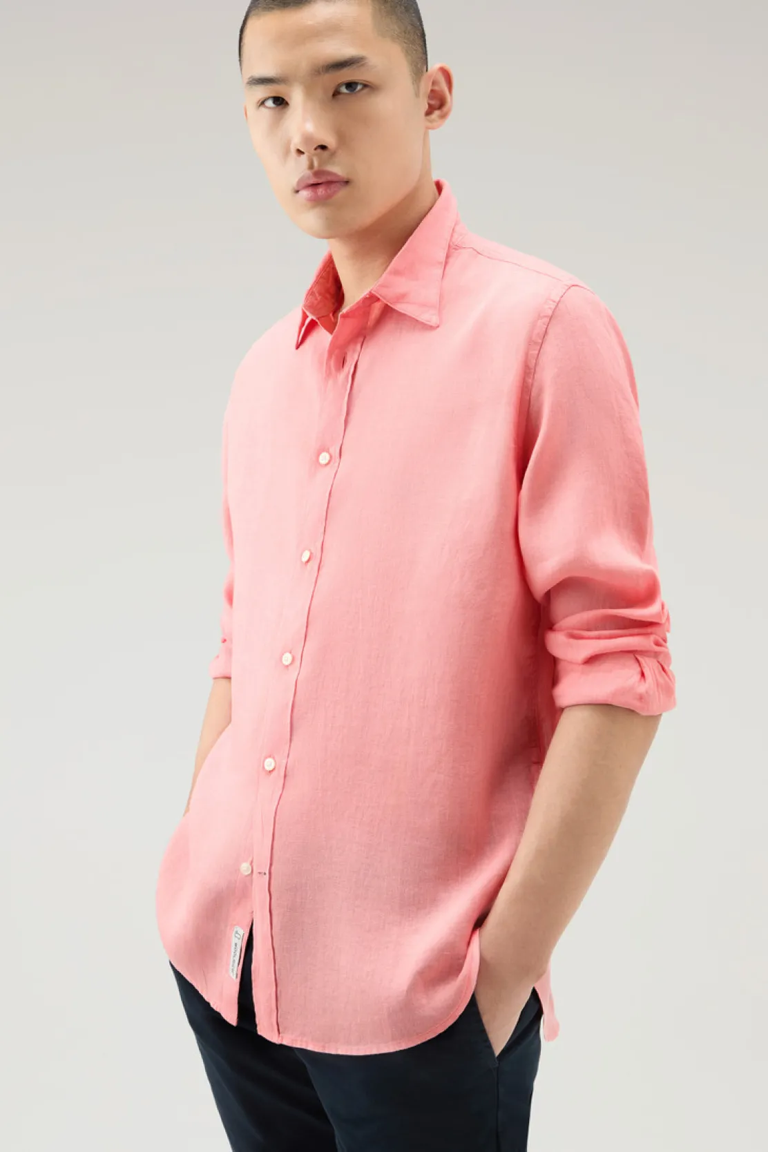Camicie>Woolrich Camicia In Puro Lino Tinta In Capo Coral Sand
