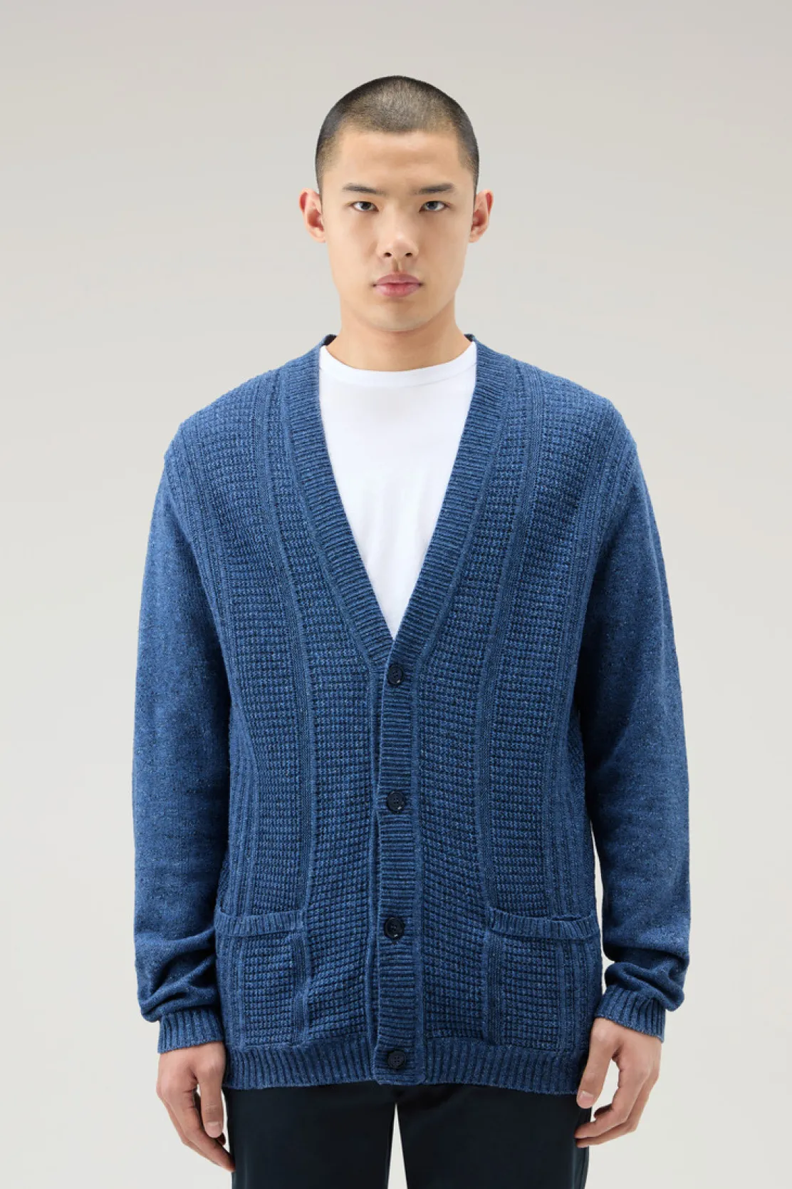 Maglieria>Woolrich Cardigan In Misto Cotone E Lino Indigo