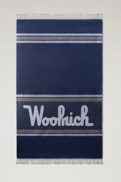 Coperte|Coperte>Woolrich Coperta In Misto Lino E Cotone Con Logo Jacquard Melton Blue