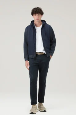 Felpe>Woolrich Felpa Con Cappuccio Ibrida In Misto Cotone Con Zip Melton Blue