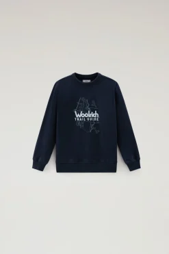 Abbigliamento>Woolrich Felpa Girocollo Da Bambino In Puro Cotone Con Stampa Melton Blue