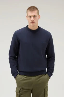 Felpe>Woolrich Felpa Girocollo In Misto Cotone Con Logo Ricamato Melton Blue