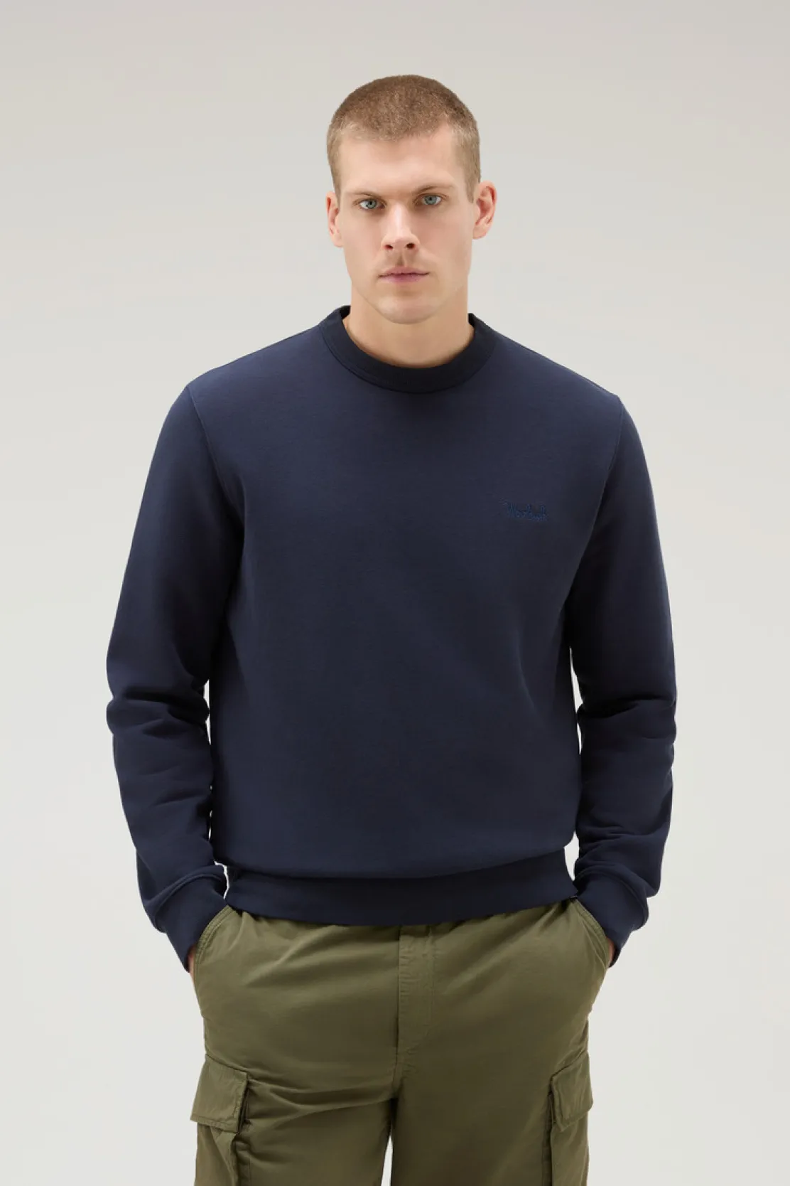 Felpe>Woolrich Felpa Girocollo In Misto Cotone Con Logo Ricamato Melton Blue