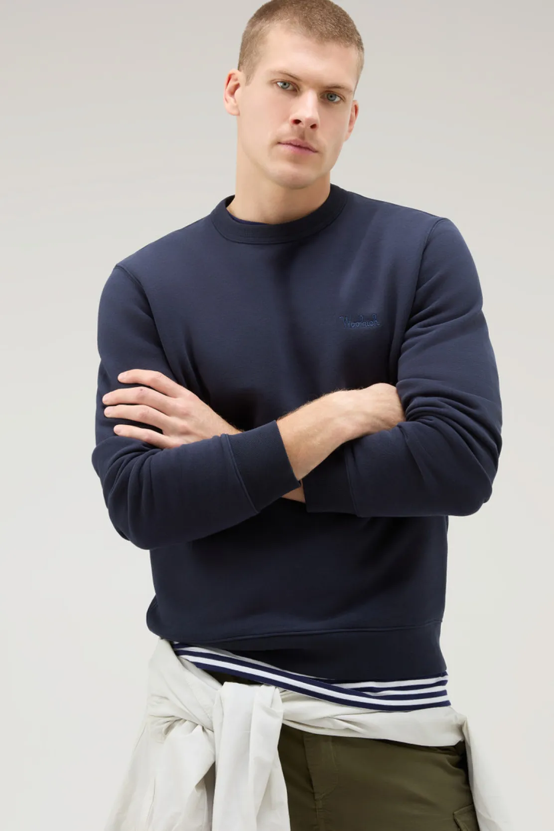Felpe>Woolrich Felpa Girocollo In Misto Cotone Con Logo Ricamato Melton Blue