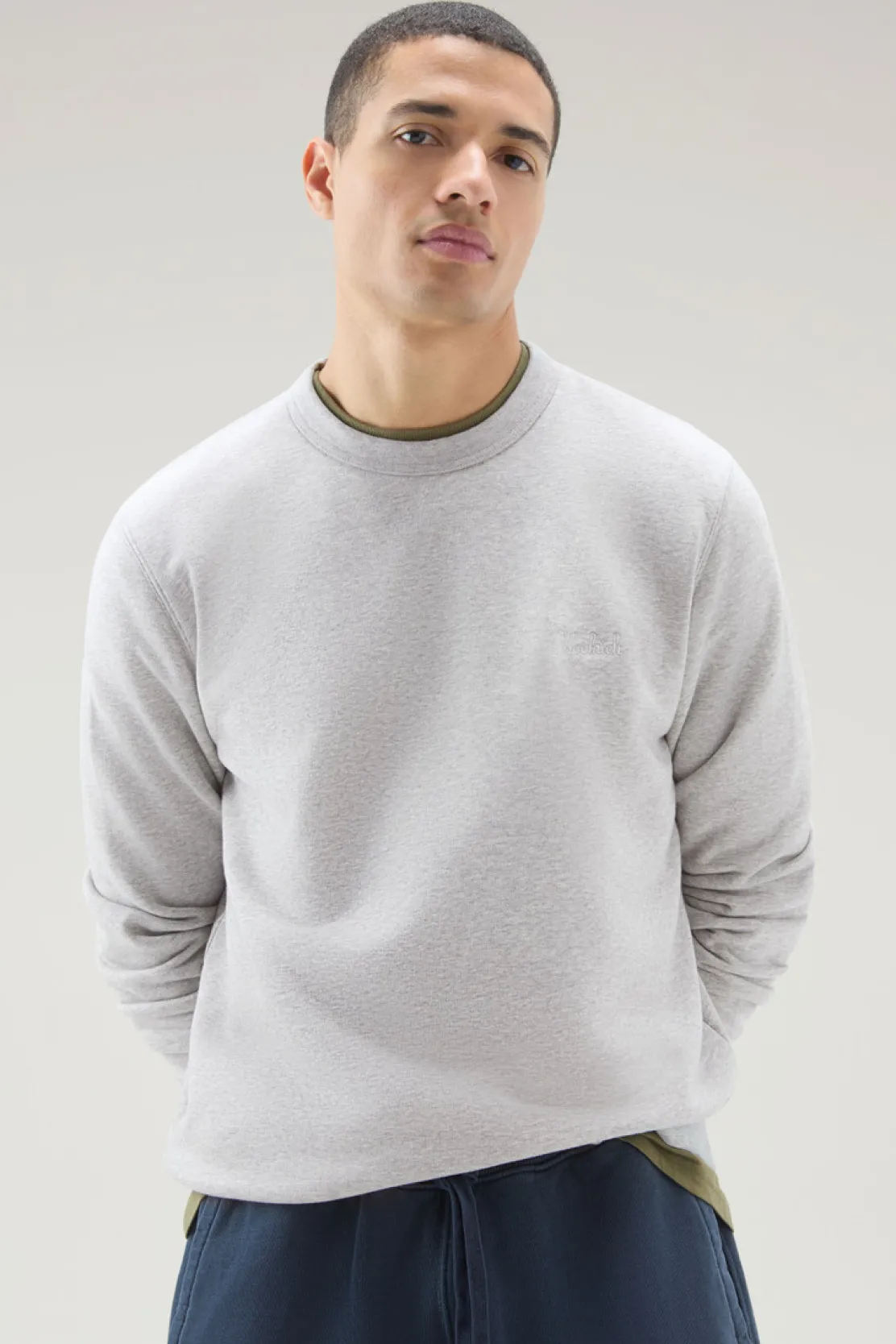 Felpe>Woolrich Felpa Girocollo In Misto Cotone Con Logo Ricamato Light Grey Melange