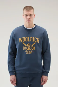 Felpe>Woolrich Felpa Girocollo Tinta In Capo In Puro Cotone Con Stampa Melton Blue