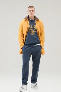 Felpe>Woolrich Felpa Girocollo Tinta In Capo In Puro Cotone Con Stampa Melton Blue