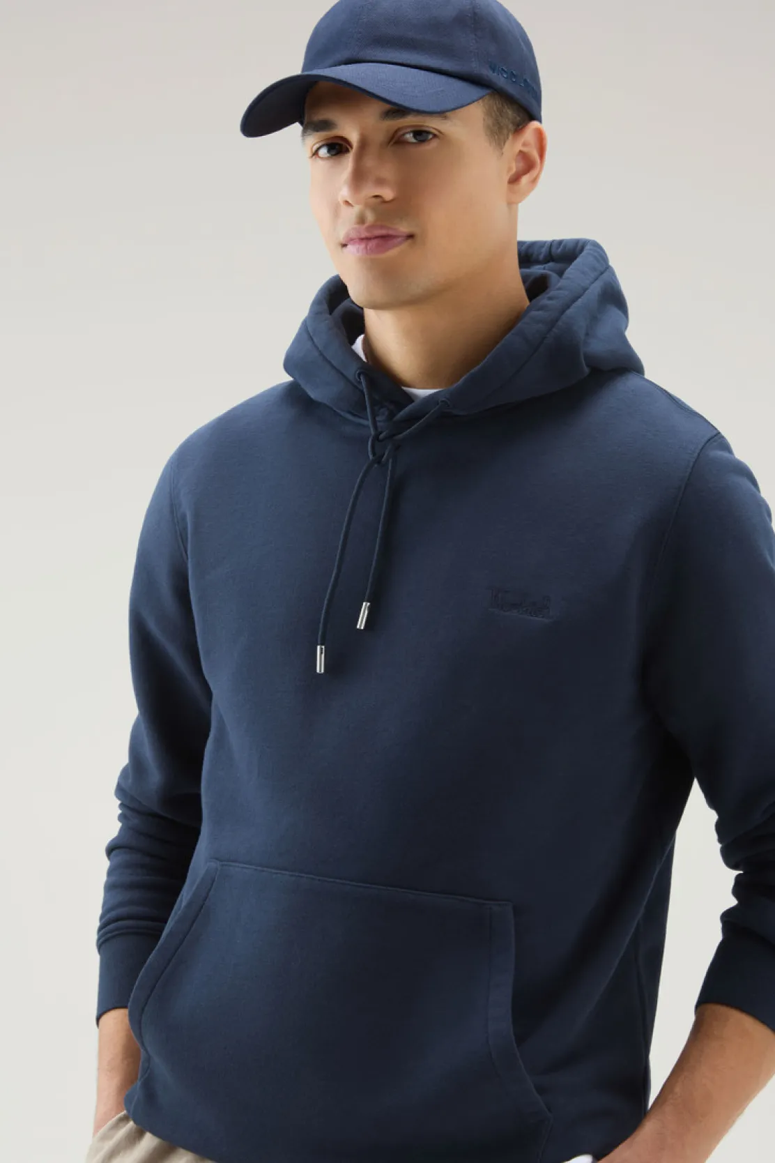 Felpe>Woolrich Felpa In Misto Cotone Con Cappuccio E Logo Ricamato Melton Blue