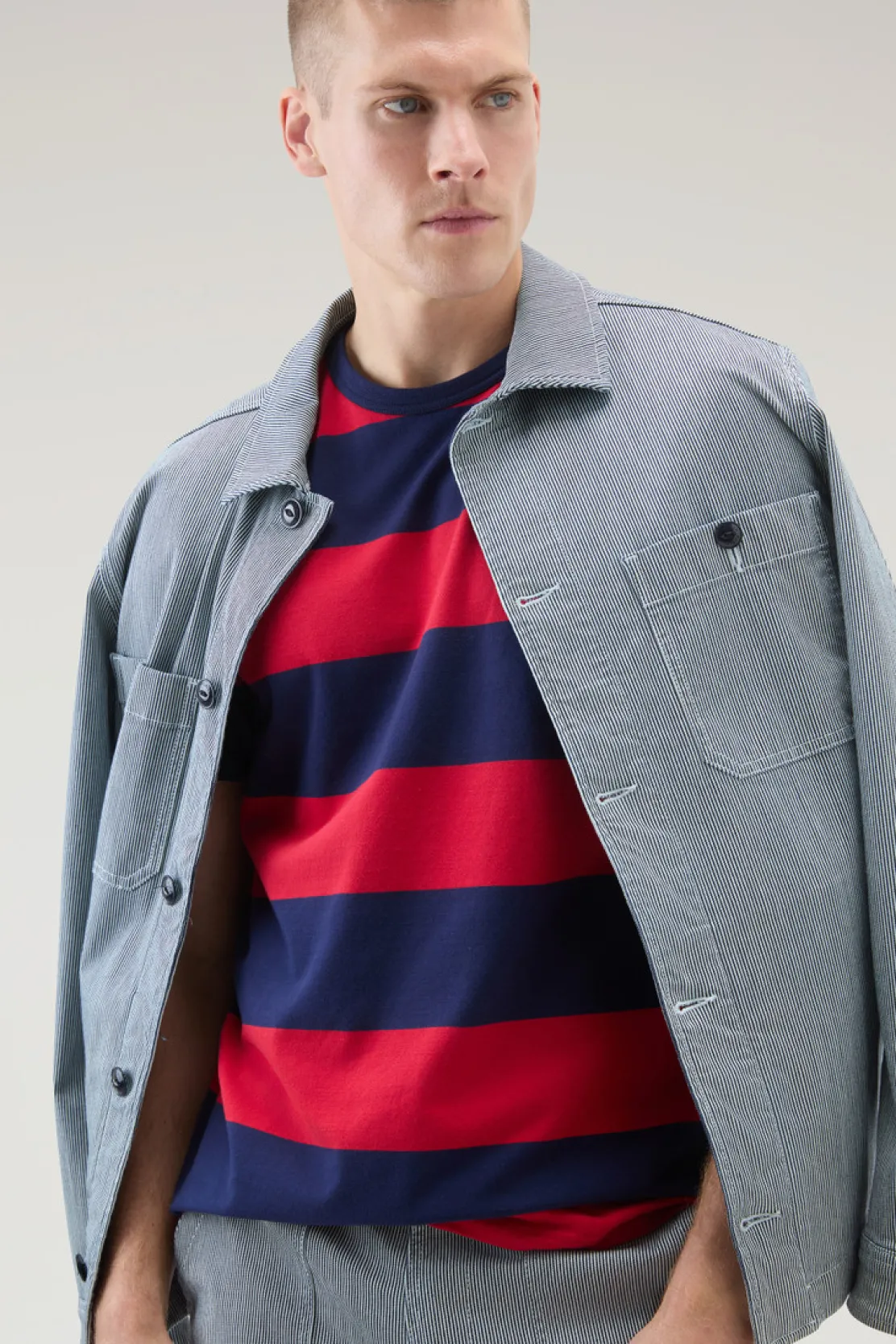 Giacche a camicia>Woolrich Giacca A Camicia A Righe In Misto Cotone Blue Stripe
