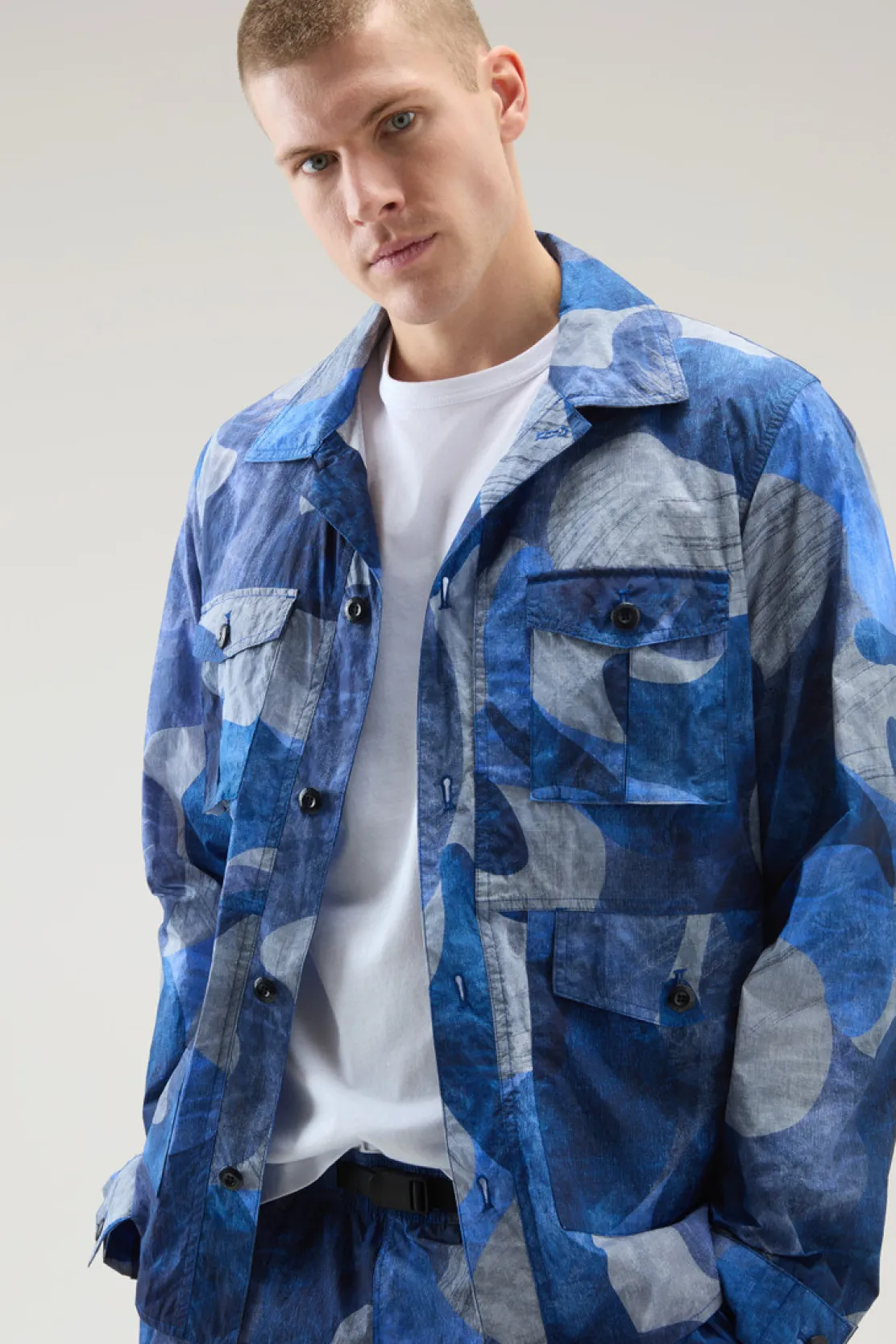 Giacche a camicia>Woolrich Giacca A Camicia Camo In Nylon Ripstop Crinkle Royal Camo