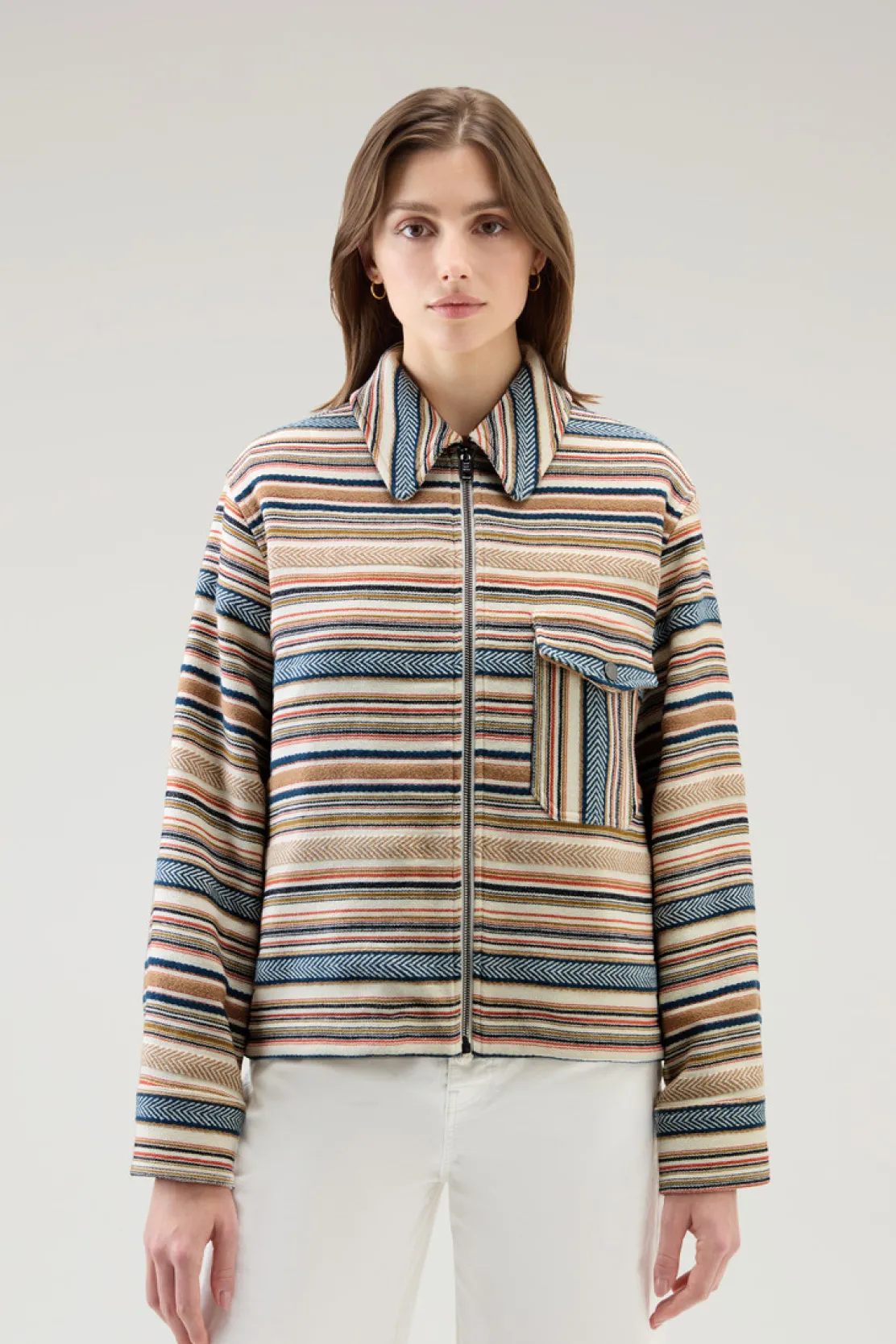 Camicie e giacche a camicia>Woolrich Giacca A Camicia Gentry In Misto Cotone Riciclato Manteco Ethnic White Stripe