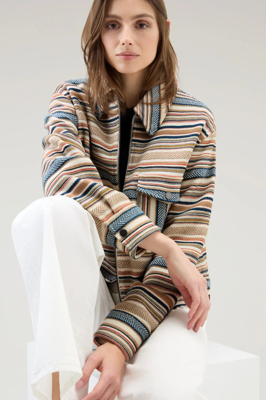 Camicie e giacche a camicia>Woolrich Giacca A Camicia Gentry In Misto Cotone Riciclato Manteco Ethnic White Stripe