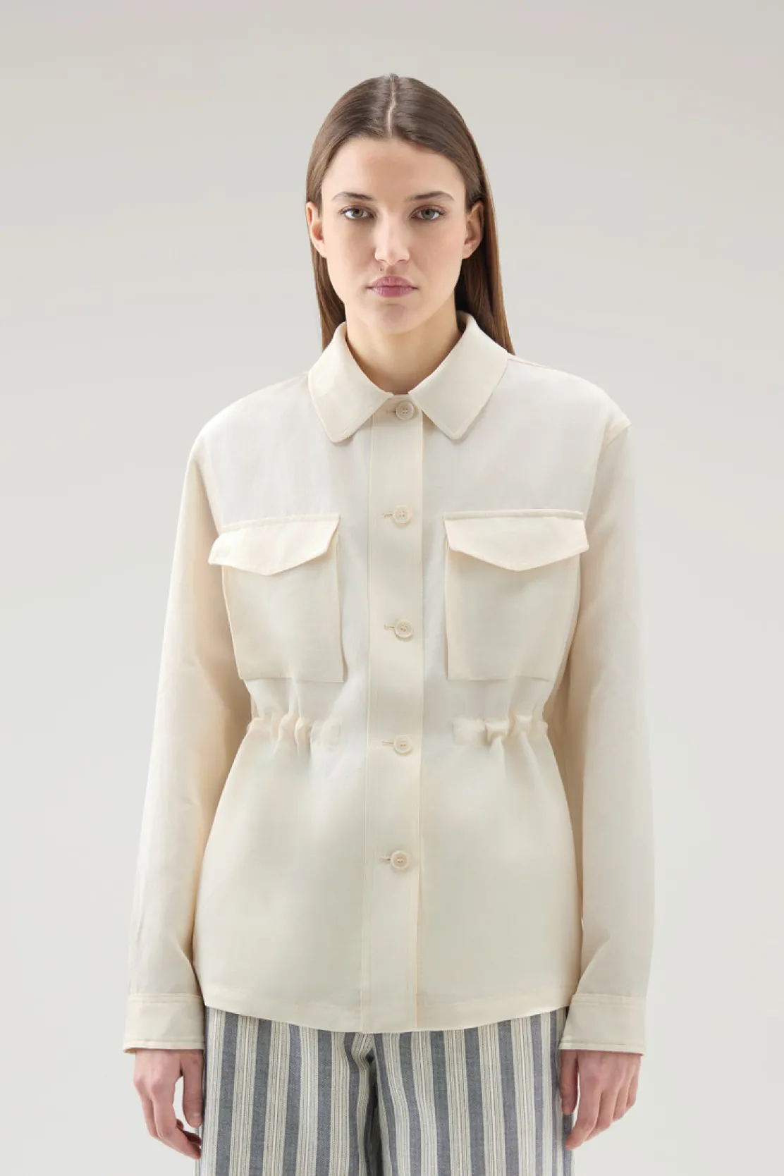 Camicie e giacche a camicia>Woolrich Giacca A Camicia In Misto Lino Plaster White
