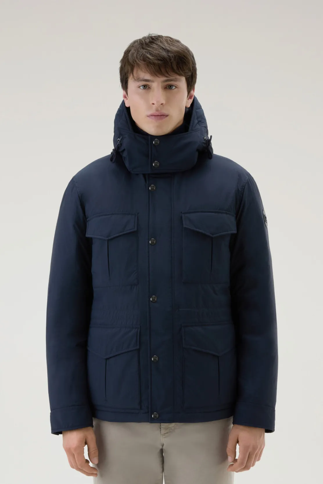 Giacche>Woolrich Giacca Field Aleutian In Nylon Taslan Con Cappuccio Removibile Melton Blue