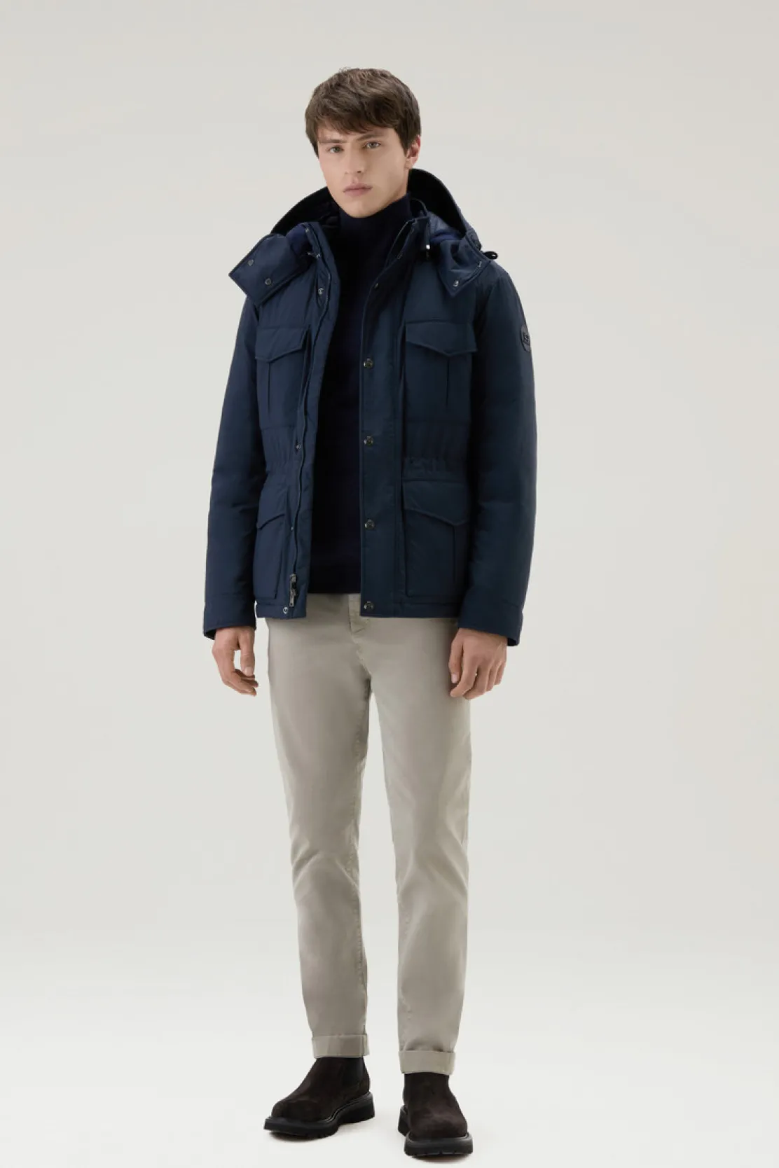 Giacche>Woolrich Giacca Field Aleutian In Nylon Taslan Con Cappuccio Removibile Melton Blue