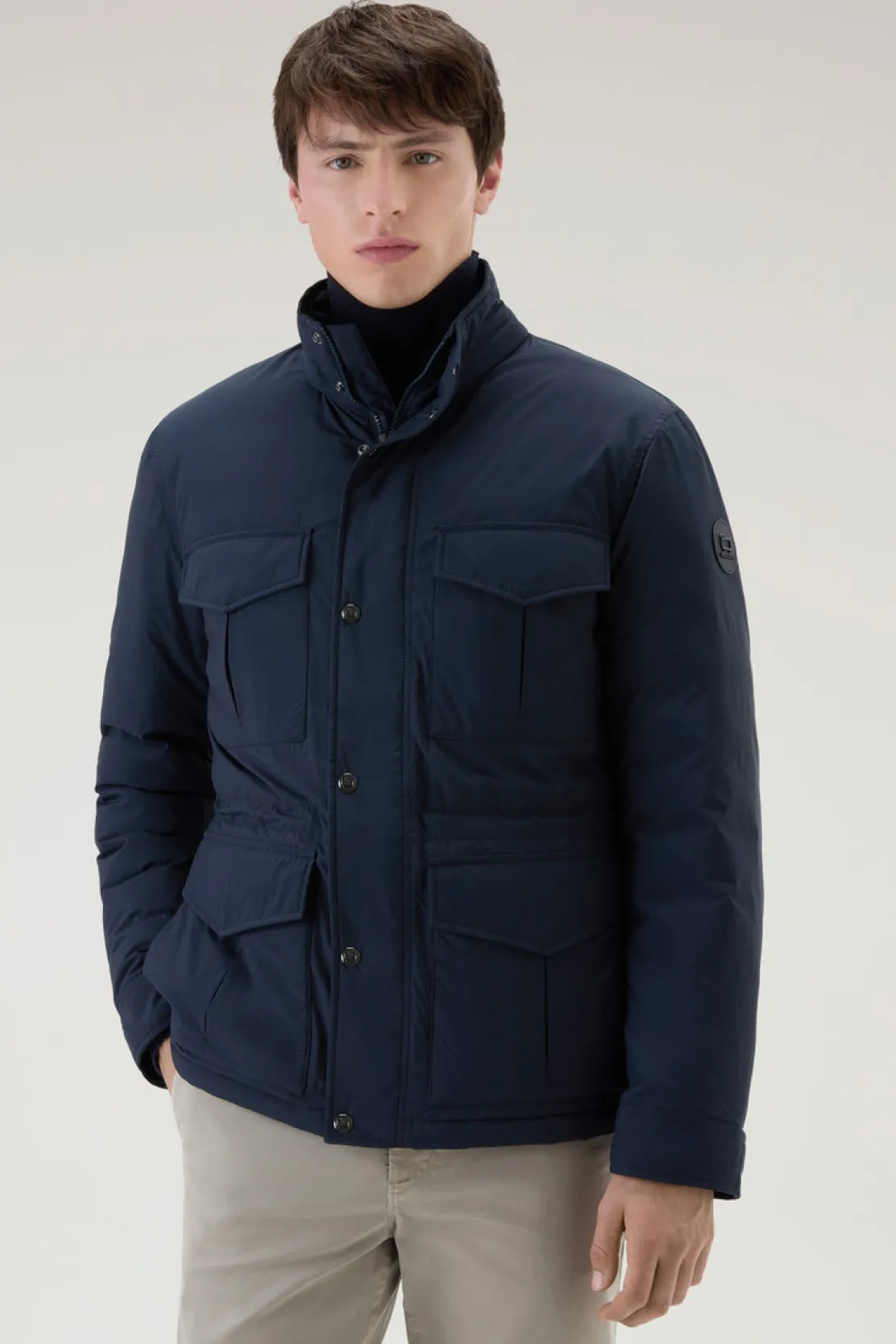 Giacche>Woolrich Giacca Field Aleutian In Nylon Taslan Con Cappuccio Removibile Melton Blue
