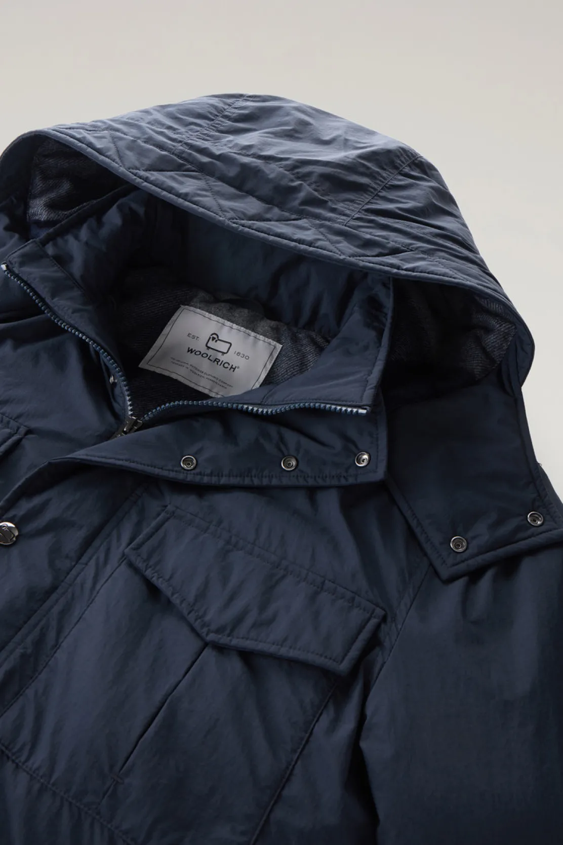 Giacche>Woolrich Giacca Field Aleutian In Nylon Taslan Con Cappuccio Removibile Melton Blue