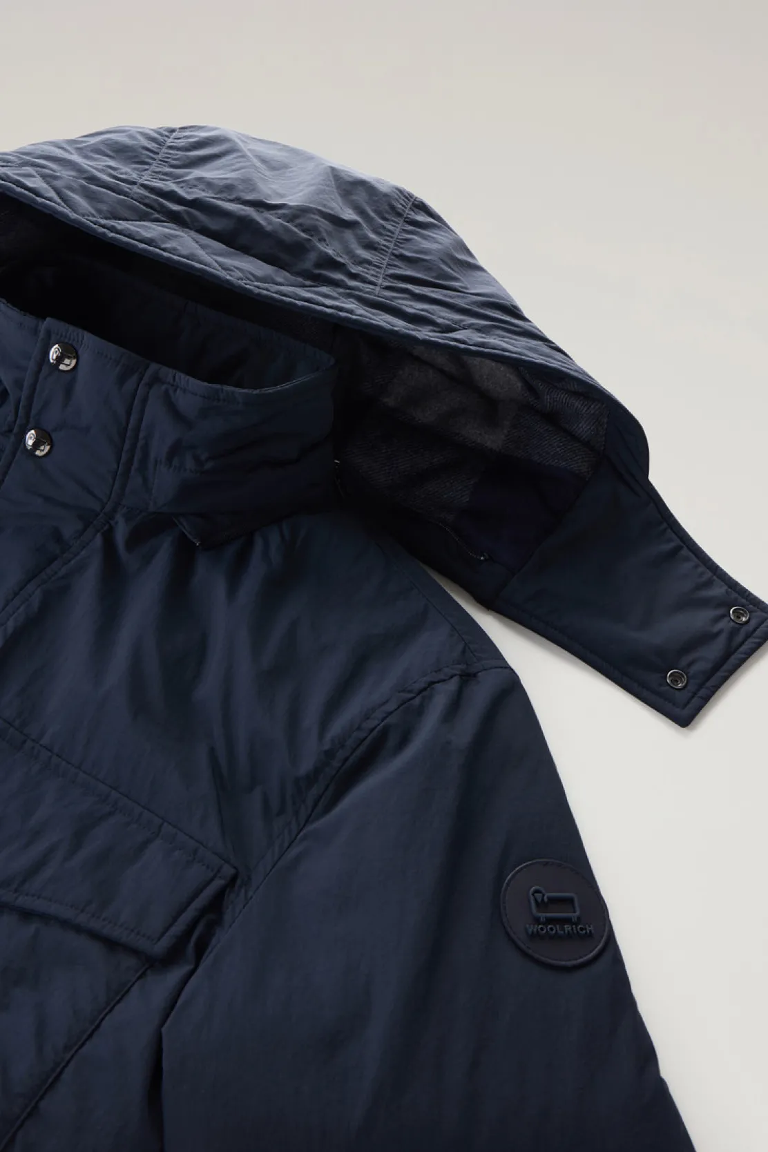 Giacche>Woolrich Giacca Field Aleutian In Nylon Taslan Con Cappuccio Removibile Melton Blue